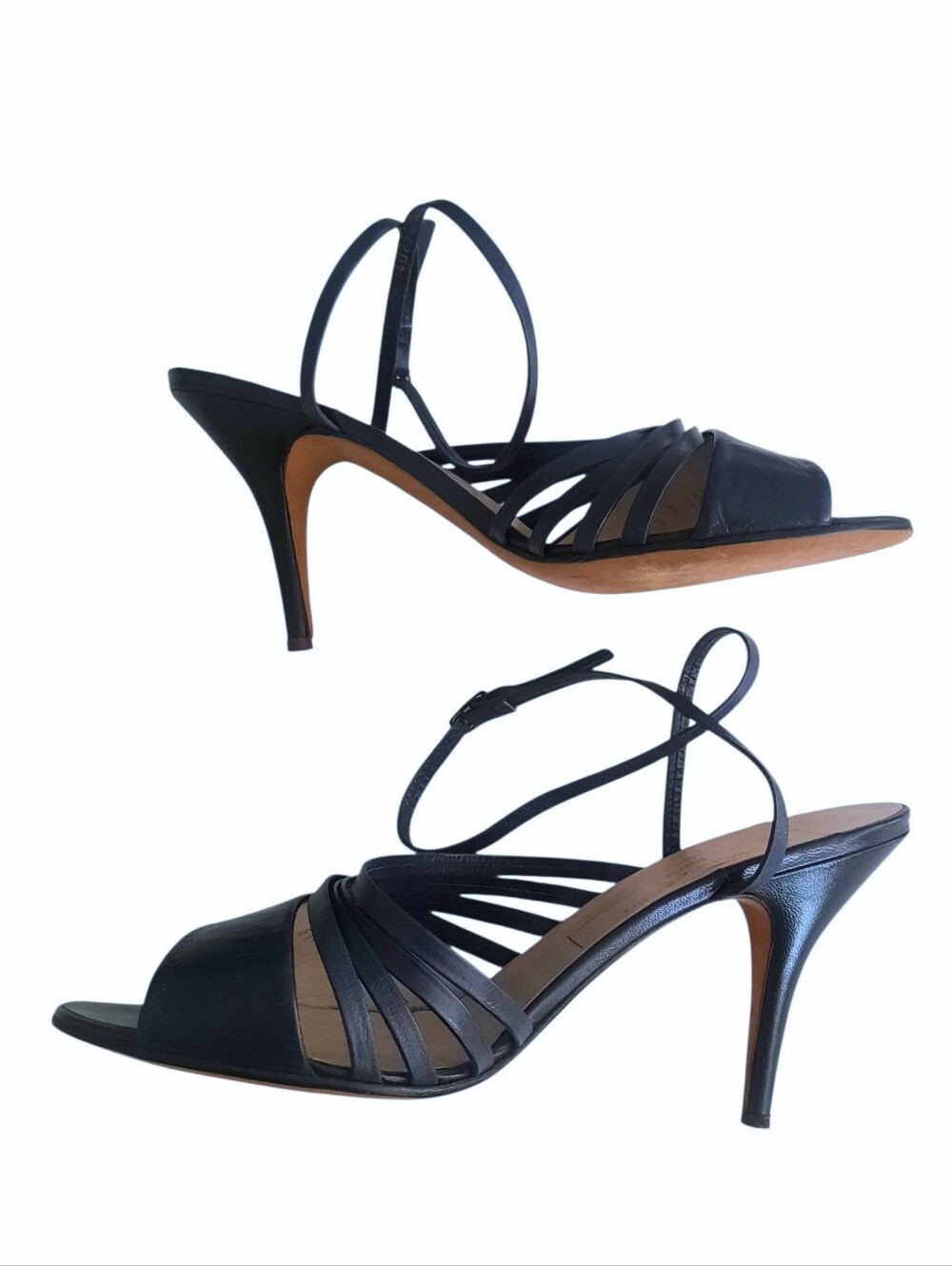 Vintage PIERRE CARDIN Navy Leather Strappy Pump Sandals w/Ankle Strap Sz 5